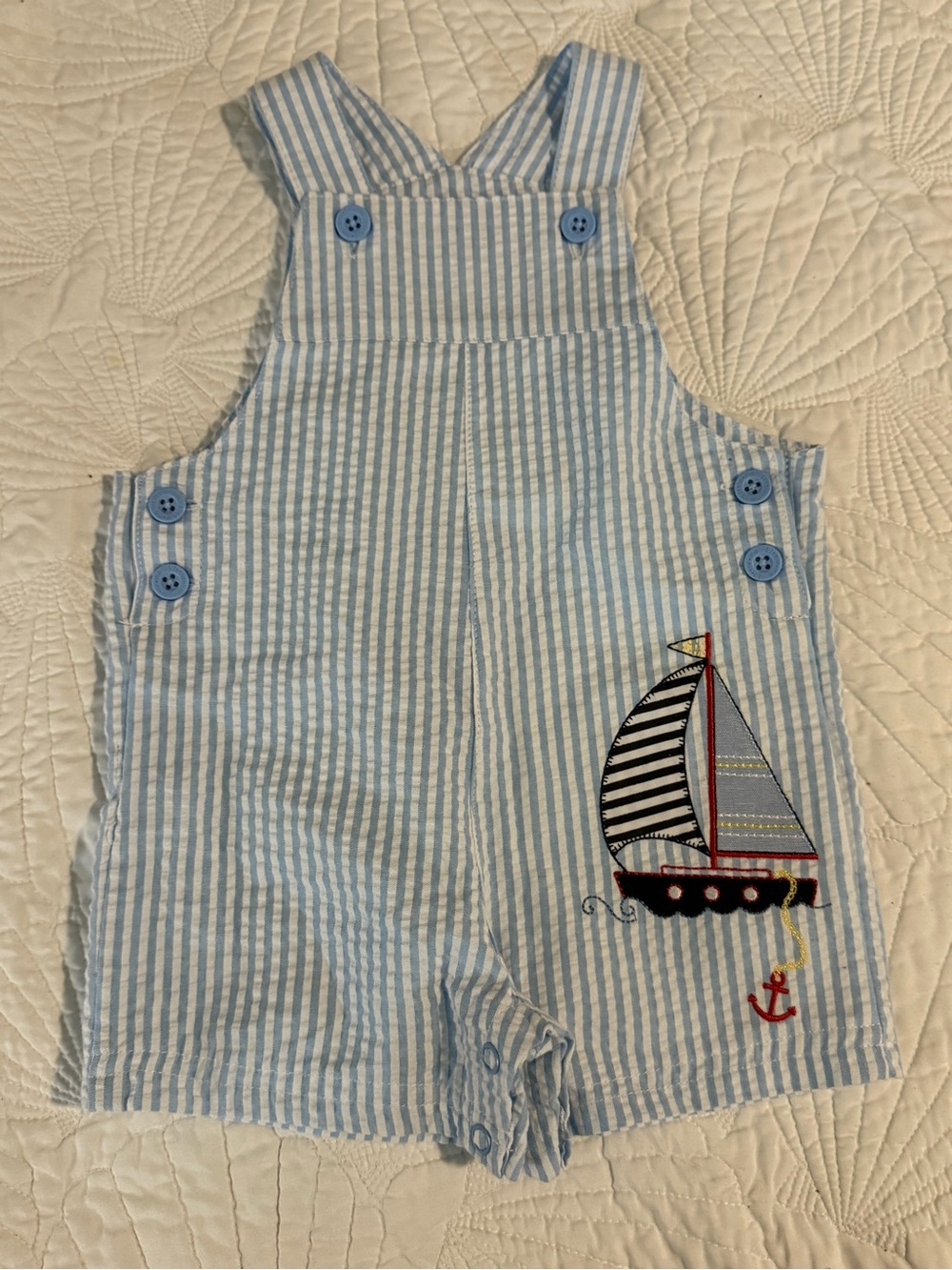Little Me Blue and White Striped Sailboat Shortall